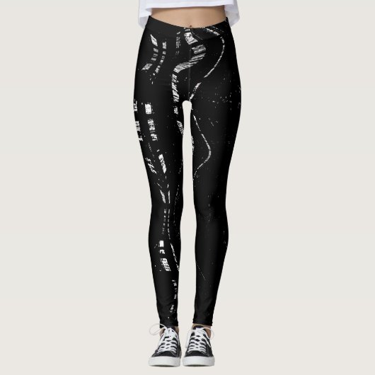 Leggings Noir et Marbre blanc dévêtu Motifs uniques (Devant)