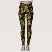 Leggings Noir et or feuilles tropicaux & fleurs motif (Devant)