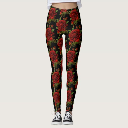 Leggings Noir floral de fleur de rose rouge (Devant)