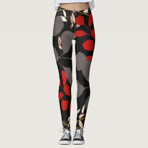 Leggings Noir Gras Rouge Gris Feuilles Botaniques Florales