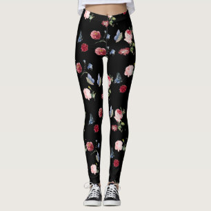 Leggings Noir Rouge & rose imprimé floral & papillon bleu