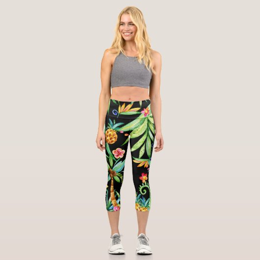 Leggings noirs exotiques tropicaux floraux (Recto)