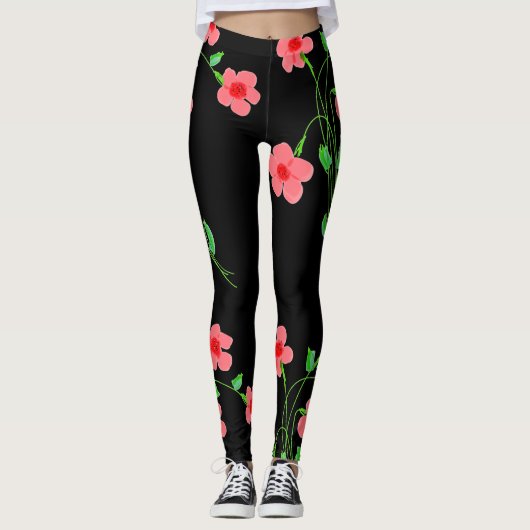 Leggings noirs floraux roses (Devant)