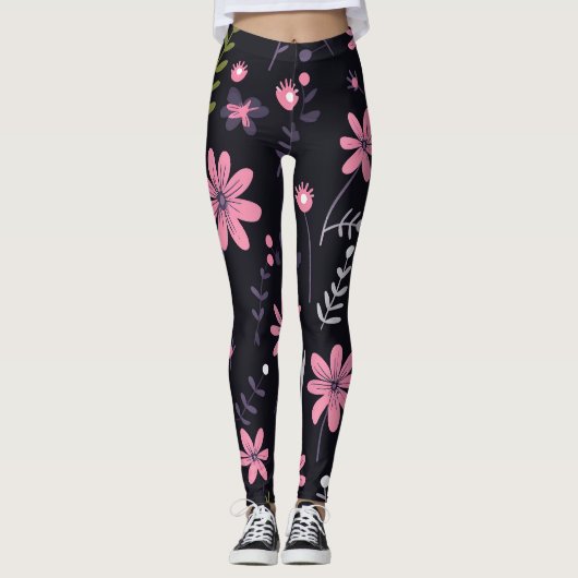 Leggings noirs pour femmes avec imprimé floral ros (Devant)