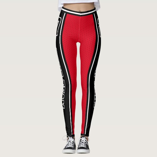 Leggings Nom de l'équipe sportive Numéro noir rouge gras ra (Devant)