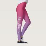 Leggings Nom élégant sur dégradé rose à violet<br><div class="desc">Le dégradé rose foncé à violet clair comporte un nom personnalisé dans une police serif blanche élégante qui descend vers l'extérieur de la jambe droite. Personnalisez-le avec votre nom dans la barre latérale et ajoutez un aspect moderne et coloré à votre garde-robe. Pour voir le design chic ombré sur d'autres...</div>