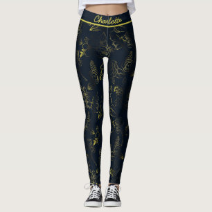 Leggings Nom personnalisé de motif floral dégradé d'or