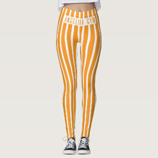 Leggings Nom personnalisé Gym Orange et Blanc Rayé Vertical