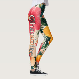 Leggings Nom sur motif floral d'hibiscus tropical vibrant