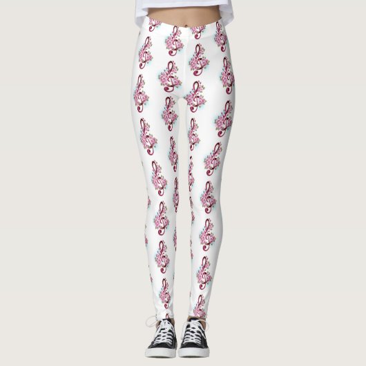Leggings Notes de clef musicale en treble avec des fleurs S (Devant)