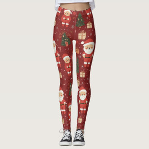 Leggings Nounours mignon et Père Noël sur fond rouge (2)