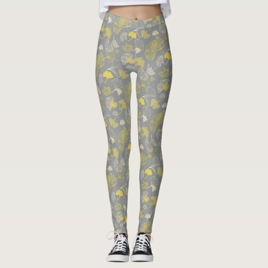Leggings Novelty Ginkgo Grey et Yellow Motif (Devant)