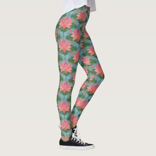 Leggings Nymphéas roses et libellules bleues sur fond bleu (Droite)