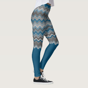 Leggings Océan Bleu Argent gris gris gris Wavy Zigzag Motif