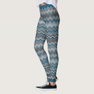 Leggings Océan Bleu Argent Gris Gris Wavy Zigzag Motif