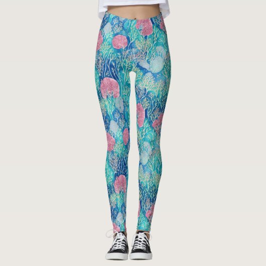 Leggings Océan moderne bleu rose corail tropical aquarelle (Devant)