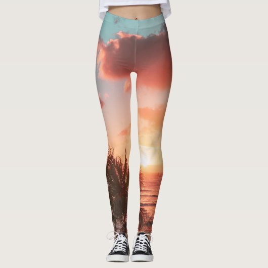 Leggings Océan Soleil couchant Palmier Arbre nuages orange (Devant)