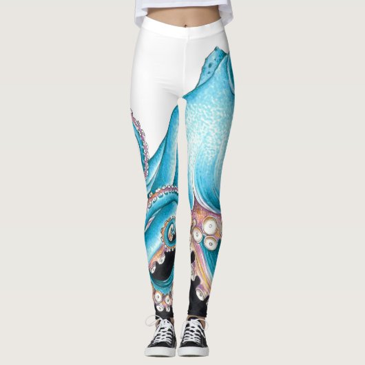Leggings Octopus Bleu Sur Encre Blanche (Devant)