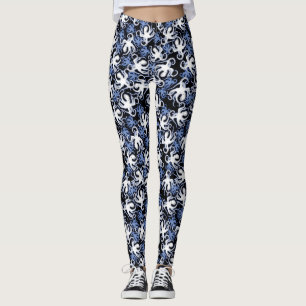 Leggings Octopus noir, blanc et bleu Motif sans couture