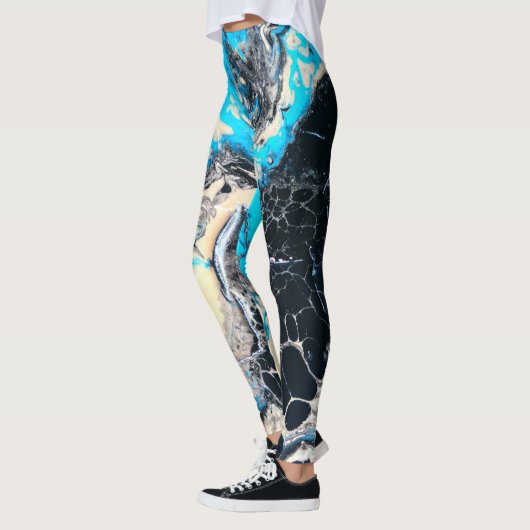 Leggings Oeuvre d'art liquide cyan et noire de peinture (Gauche)