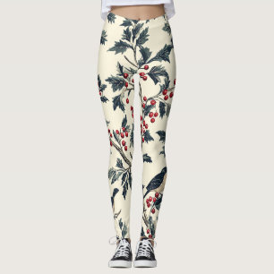 Leggings Oiseau Chanteur Élégant Motif Crème Rouge Houx Hiv