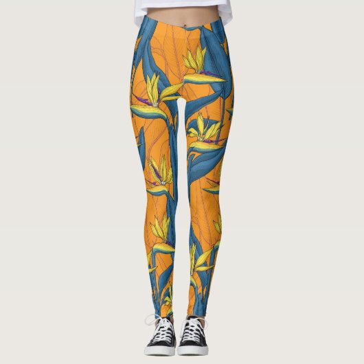 Leggings Oiseau de fleurs paradisiaques sur orange (Devant)