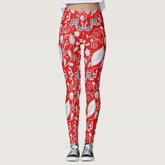 Leggings Oiseaux d'art populaire scandinave Rouge Blanc (Devant)