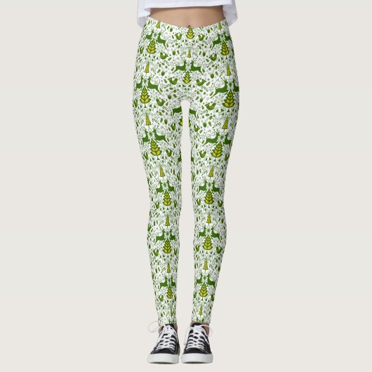 Leggings Oiseaux de cerfs en fleurs de Noël or (Devant)
