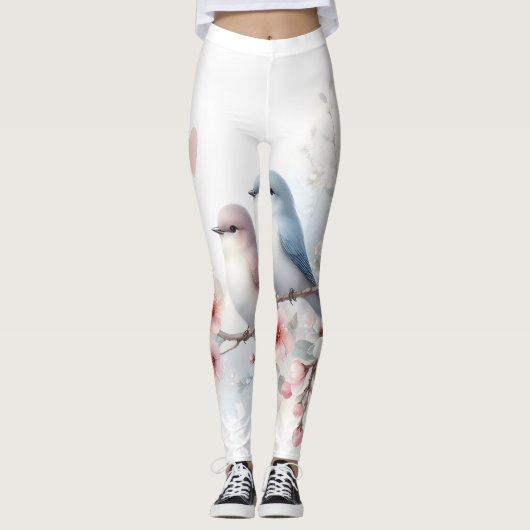 Leggings Oiseaux de l'amour romantique Branche de fleurs de (Devant)