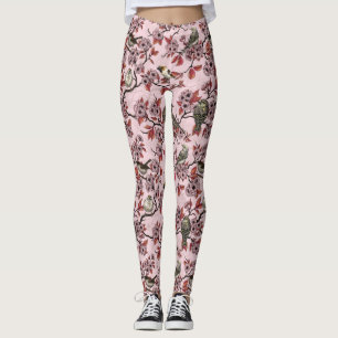 Leggings Oiseaux et fleurs de cerisier sur fond rose