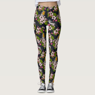 Leggings Oiseaux et fleurs en noir