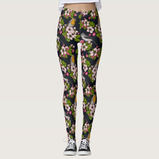 Leggings Oiseaux et fleurs en noir (Devant)