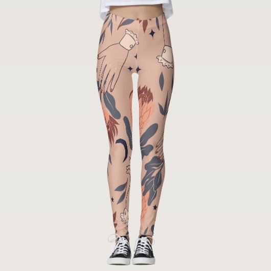 Leggings Oiseaux et Proteas : Graphiques à main Vintage (Devant)