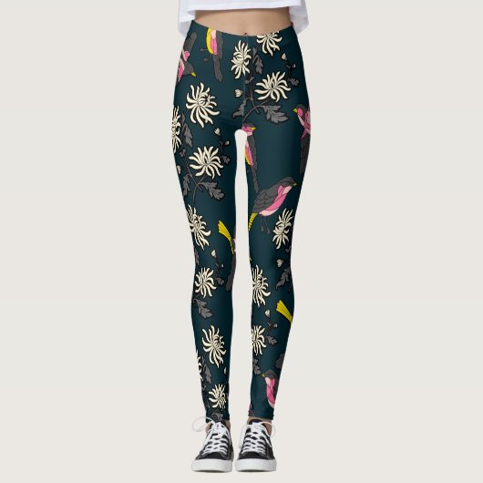 Leggings Oiseaux roses et légendes de fleurs (Devant)