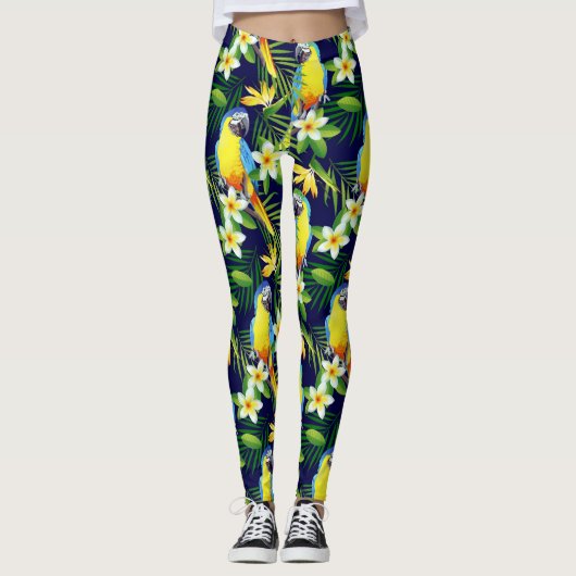 Leggings Oiseaux tropicaux - Perroquets et Hibiscus sur le  (Devant)