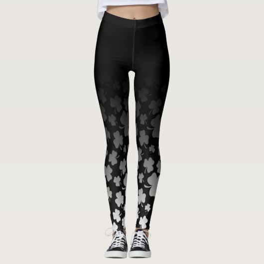 Leggings Ombre noir et blanc sur le shamrock noir (Devant)