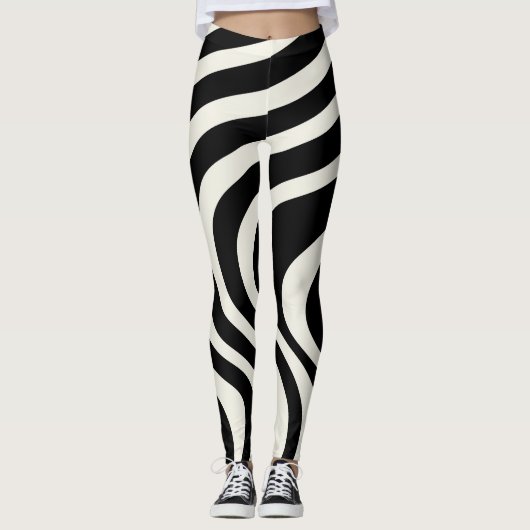 Leggings Ondes de style rétro noir et blanc (Devant)