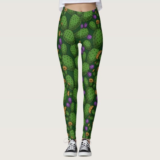 Leggings Opuntie de floraison sur vert foncé (Devant)