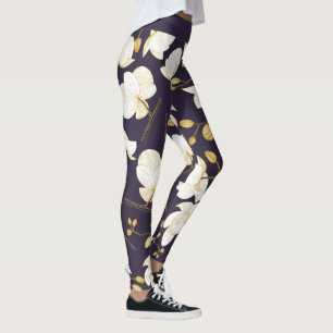 Leggings Or, blanc & violet élégant orchidée floral moderne
