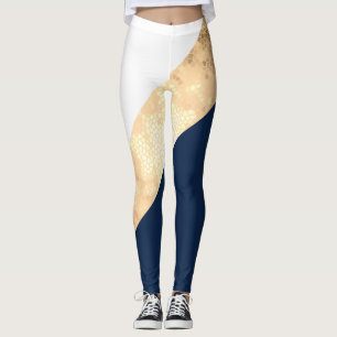 Leggings or élégant de faux, bleu marine, rayures blanches