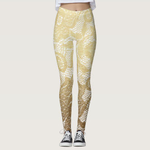 Leggings Or et dentelle florale blanche de Faux