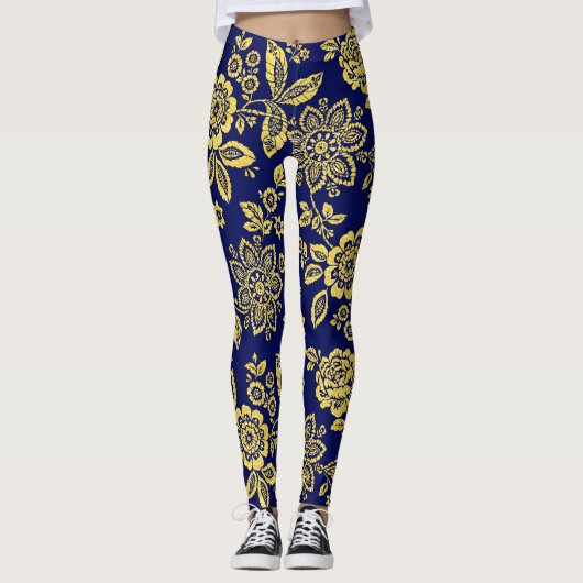 Leggings Or et marine, Stylisé Stylisé Crayon Floral (Devant)