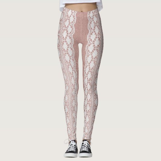Leggings Or rose métallique, texture dentelle blanc cassé. (Devant)