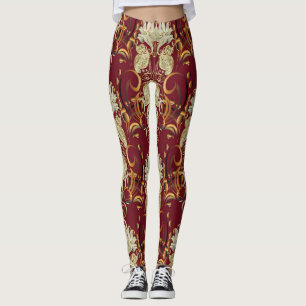 Leggings Or rouge floral, motif vintage luxueux.