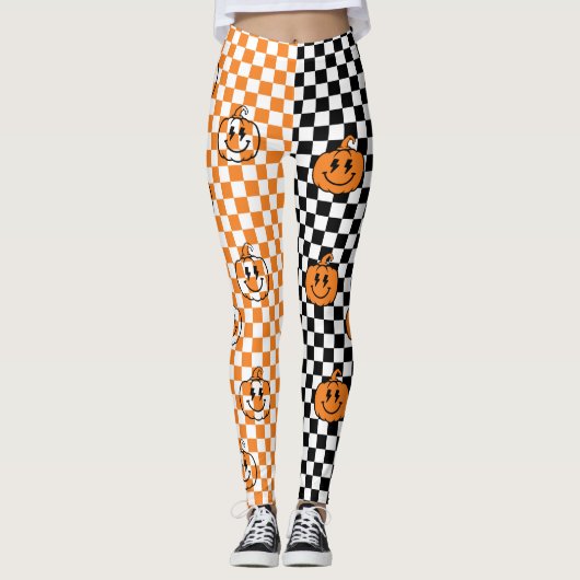 Leggings Orange Black Retro Rad Pumpkin Checkered Halloween (Devant)