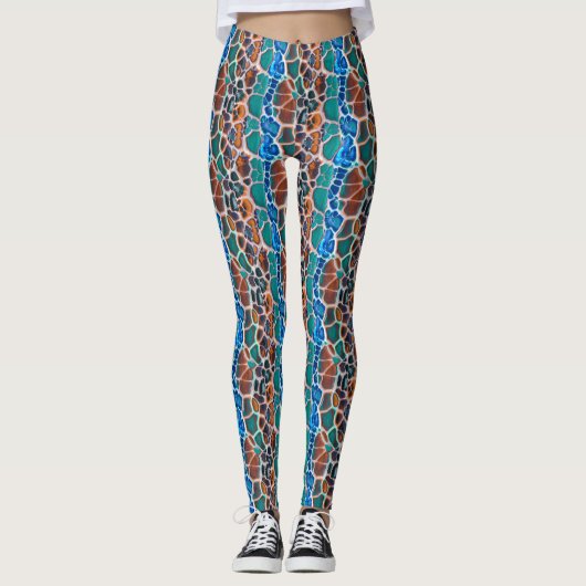 Leggings Orange Bleu Turquoise Mosaïque Vitrail Glass Abstr (Devant)