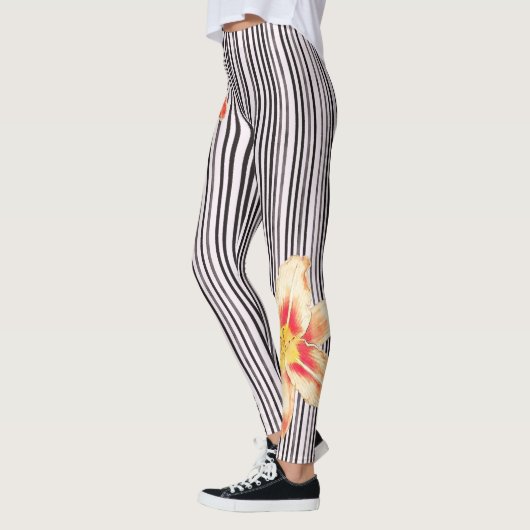 Leggings Orange noire/blanche de rayures verticales fleurit (Gauche)
