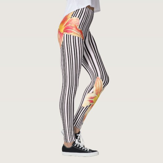 Leggings Orange noire/blanche de rayures verticales fleurit (Droite)