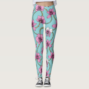 Leggings Orchidées et chaînes, roses et bleues