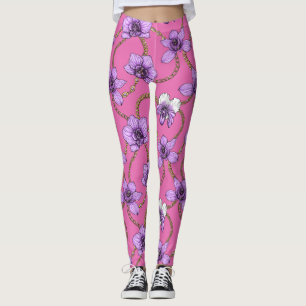 Leggings Orchidées et chaînes, violet et rose